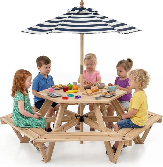 Costzon Kids Picnic Table, Hexagonal Wooden Toddler Outdoor Table and Bench Set with Removable Umbrella, Kids Outdoor Furniture for Patio Lawn Garden Backyard, Seats Up to 6 Children Age 3+ (Natural)