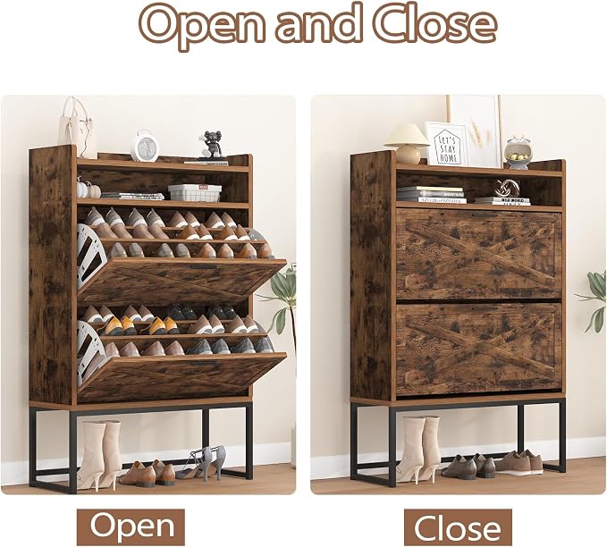 Shoe Cabinet Storage for Entryway, 3 Layers Shoe Cabinet with 2 Flip Drawers, Metal Legs Shoe Storage, Adjustable Shoe Rack Cabinet