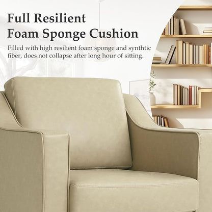 Swivel Accent Chairs Set of 2, 360° Swivel Upholstered Faux Leather Club Armchairs for Living Room, Comfy Single Sofa Reading Chair with Deep Seat, Metal Swivel Base, Cream