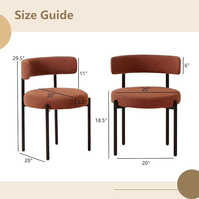 Boucle Dining Chairs Set of 6, Rust Dining Chairs with Upholstered Seat and Round Back, Mid-Century Modern Kitchen Chairs for Dining Room, Restaurant
