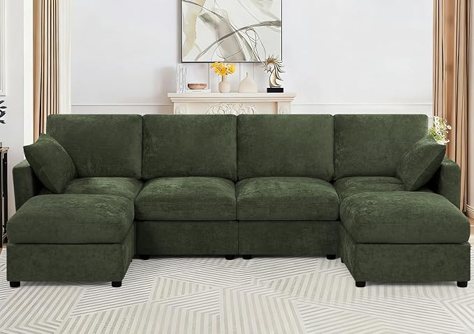 110” Chenille 4-Seats Sofa W/Two Movable Ottomans, Green | Modern Fabric U-Shaped Couch w/Soft Backrests, Upholstered Sectional Sofa w/Arm Pillows for Living Room, Office