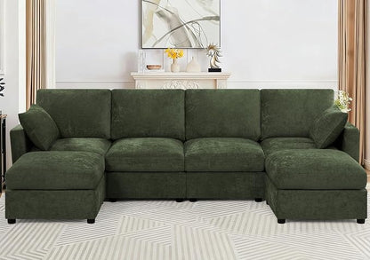 110” Chenille 4-Seats Sofa W/Two Movable Ottomans, Green | Modern Fabric U-Shaped Couch w/Soft Backrests, Upholstered Sectional Sofa w/Arm Pillows for Living Room, Office