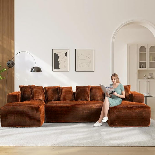 131" Oversized U Shaped Cloud Sectional Couches for Living Room, Comfy Fluffy Corduroy Orange Boneless Sectionals Couch, Plush Memory Foam Modular Sectional Sofa with Chaise- 19" Seat Height