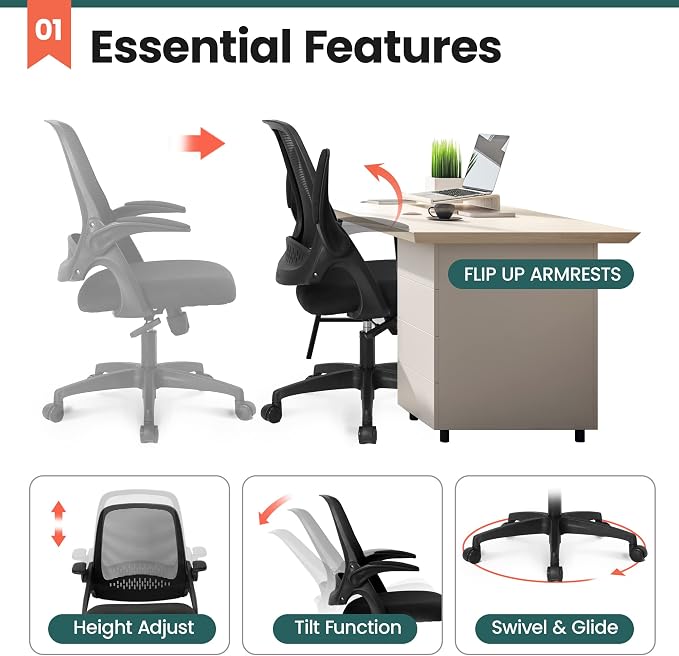 NEO CHAIR Office Desk Gaming Ergonomic Computer Chair with Lumbar Back Support Adjustable Height Swivel Rolling Wheels Flip-up Arms Mesh Chair for Home Vanity (Black)