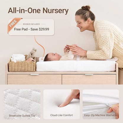 MAMAZING Keeva Pro 6-Drawer Baby Dresser with Changing Table, Easy Assembly | Washed Natural Wooden Nursery Dresser, Anti-Tip Design & Adjustable Feet, Dresser for Bedroom, Kids & Toddlers, 44" Wide