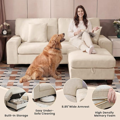 DOPEDIO L-Shaped Sectional Sofa with Storage Ottoman, Modern Chenille Recliner Loveseat, Removable Couch Covers, Pocket Spring Cushions, Solid Wood Frame, Easy to Install (88.58inch, Beige)