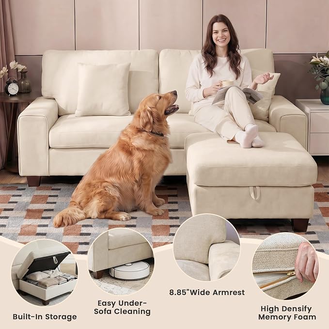 DOPEDIO L-Shaped Sectional Sofa with Storage Ottoman, Modern Chenille Recliner Loveseat, Removable Couch Covers, Pocket Spring Cushions, Solid Wood Frame, Easy to Install (71.25inch, Beige)