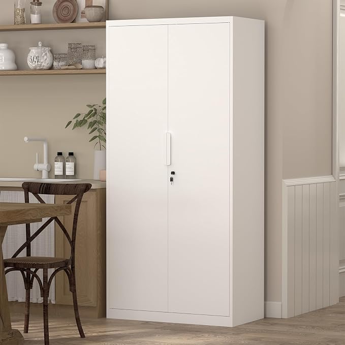 White Metal Storage Cabinet with Doors and Shelves, 71" Tall Metal Garage Cabinets with Lock, Lockable Office Storage Cabinets, Steel Tool Cabinets for Home Office,Garage,Shop