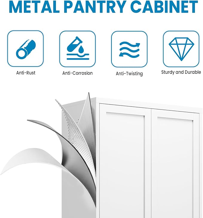 72" H White Metal Kicthen Pantry Storage Cabinet 6-Tier Cupboard | Storage Cabinet with 5 Adjustable Shelves for Kitchen, Living Room, Heavy Duty Utility Cabinet, Assembly Require