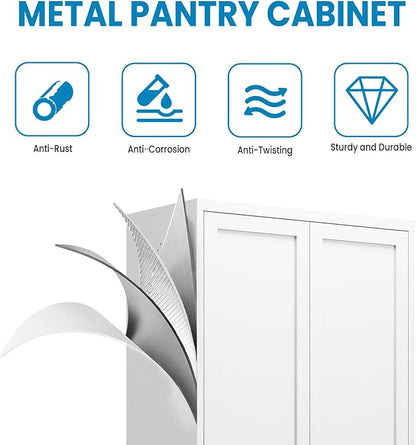 72" H White Metal Kicthen Pantry Storage Cabinet 6-Tier Cupboard | Storage Cabinet with 5 Adjustable Shelves for Kitchen, Living Room, Heavy Duty Utility Cabinet, Assembly Require