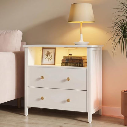 27 Inch LED Nightstand with Charging Station, 2 Drawers, White | Solid Wood and Steel Frame, 2 AC Outlets, 2 USB Ports, RGB App Control, Open Storage, Adjustable Feet, for Bedroom or Office