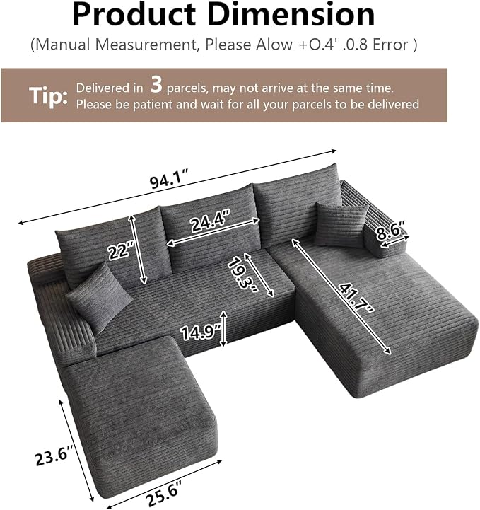 95" Cloud Sectional Couch U-Shaped Chaise with Ottoman, Corduroy Boneless Couch for Living Room Bedroom, Deep-Seat Upholstered Modular Cloud Sofa, No Assembly Required (Grey, Right Facing Chaise)