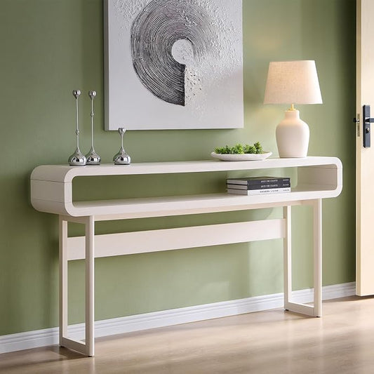 IFGET 63-Inch Long Console Table, 31.5" Tall Modern Entryway Table with Open Storage Shelf, Curved Profile Design, Narrow Wood Sofa Table Behind Couch Table for Living Room, Hallway, Foyer, White