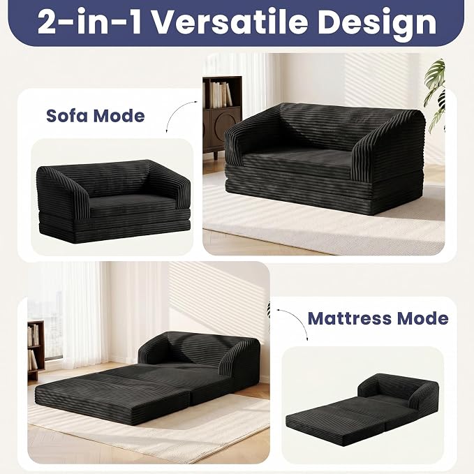 JUIKURY Convertible Sofa Bed, 3-in-1 Foldable Loveseat Couch with Armrest, Corduroy Floor Sofa & Sleeper Bed, No Assembly High-Density Foam Futon Mattress for Living Room, Small Apartment, Dorm