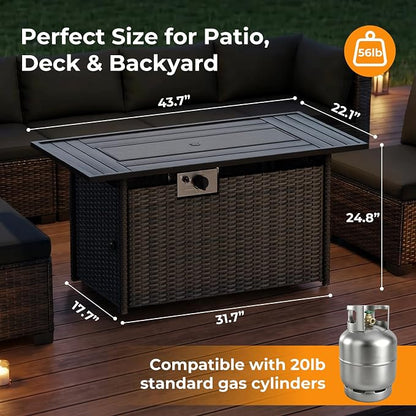 LAFWELL 8-Piece Wicker Patio Conversation Set with 44" Propane Fire Pit Table, Cozy Outdoor Sectional Sofa for Backyard Gatherings, Poolside Lounging & Garden Parties