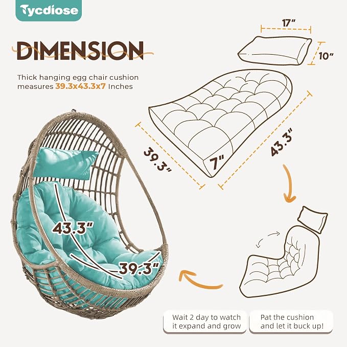 Outdoor Hanging Egg Chair Cushion Replacement, Thicken Egg Chair Cushion Waterproof Basket Eggs Chairs Cushion with Headrest Pillow, U-Shaped Cushions for Hanging Eggs Chairs Swing (Teal)