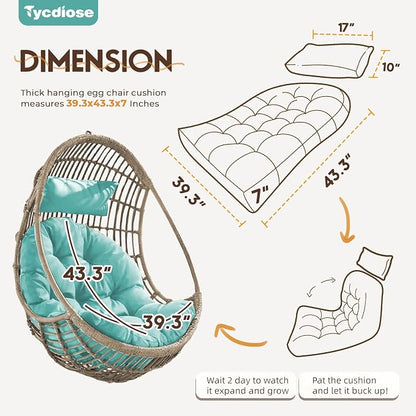 Outdoor Hanging Egg Chair Cushion Replacement, Thicken Egg Chair Cushion Waterproof Basket Eggs Chairs Cushion with Headrest Pillow, U-Shaped Cushions for Hanging Eggs Chairs Swing (Teal)
