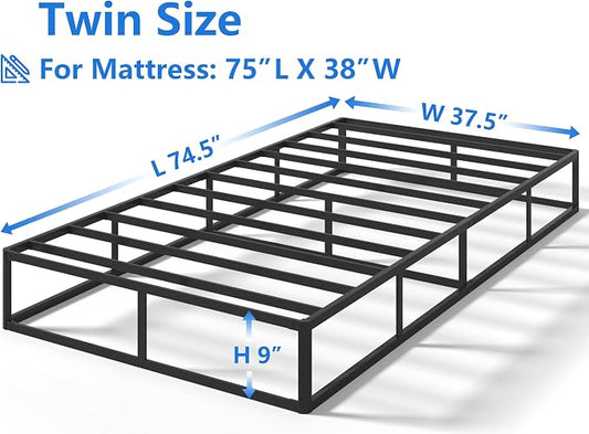 Qingzhou Box Spring Twin Bed Bases, 9 Inch High Metal Twin Box Spring Only, Heavy Duty Mattress Foundation with Fabric Cover, Easy Assembly, Quiet Noise Free, Non Slip, Black