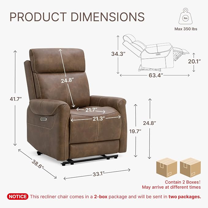 KISLOT Leather Recliner Chair for Adults Wall Hugger RV Recliner with USB Charging Ports Electric Power Reclining Sofa for Living Room Home Theater Seating Bedroom