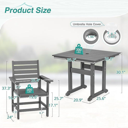 5 Piece Patio Dining Set, 35" Square HDPS Weather Resistant Outdoor Table & 4 Patio Chairs Set with 1.96" Umbrella Hole, Heavy Duty for Small Space Backyard Balcony, Grey