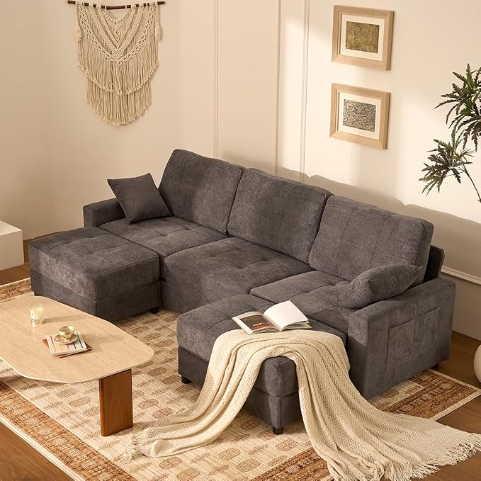112" U Shaped Modular Cloud Sectional Couch, Waffle Fabric, Dark Gray | Modular Deep Seat Sofa, Movable Ottoman, Pocket Spring Cushions, 2-Box Delivery, Living Room Lounge Use, Not Boneless