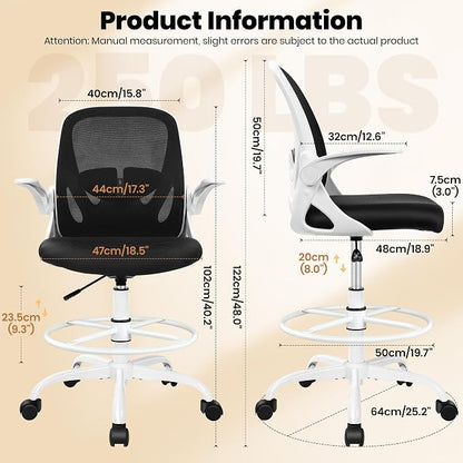 Primy Ergonomic Drafting Chair with Flip-up Armrests Tall Office Chair for Standing Desk Comfortable Desk Chair with Adjustable Footrest Ring and Lumbar Support in Gray Perfect for Home (White)