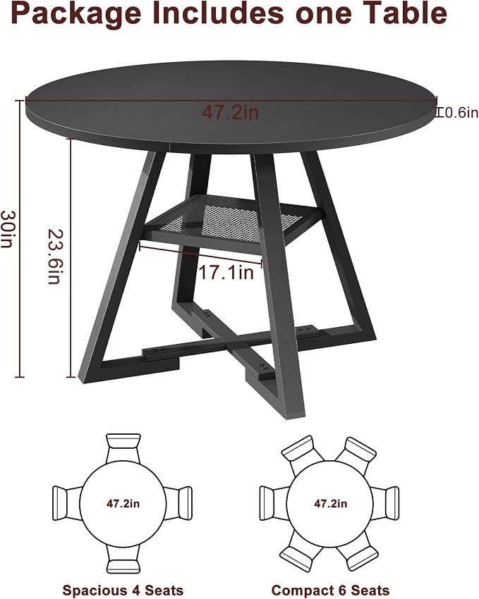 Jocoevol Round Dining Table for 4,Kitchen Dining Room Circle Dinner Pedestal Table,Space Saving Wood Kitchen & Dining Room Furniture (Black, 47In)