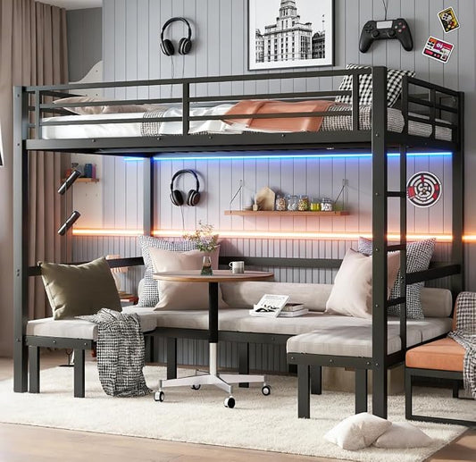 Bellemave Queen Over Queen Futon bunk Bed, Lower bunk can be Pulled Out in Three Sections, Loft Bed with Sofa for Teens, Adults, Bedroom, Black(Excluding Cushions and mattresses)