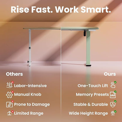 HUANUO 32x19 Inch Small Electric Standing Desk, Adjustable, Sage Green | Compact Home Office Desk, 176lbs heavy duty lifting with 4 height presets. M8 screw holes ready for DIY mobile wheels