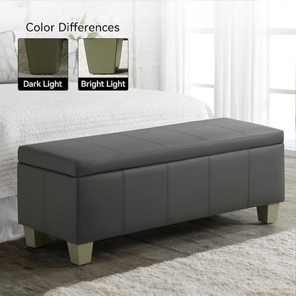 WUTUTUEE 51" Faux Leather Storage Ottoman, Stitch Tufted Rectangle Upholstered End of Bed Storage Bench, Entryway Large Couch Ottoman with Wooden Legs,Dark Grey