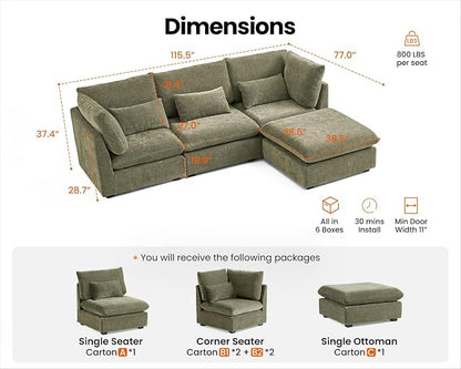 115" Oversized Chenille Couch Modular Sectional Sofa, Washable Cloud Couch Sectional with Ottoman, 4 Seater Sectional Couches for Living Room, Fully Cover Removable, L Shaped, Chenille, Green