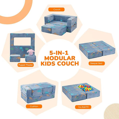 MeMoreCool Modular Kids Couch Dinosaur, Glow Dino Play Toddler Couch for Bedroom, Convertible Foam Kids Sofa Bed, Fold Out Baby Sofa for Girl Boy