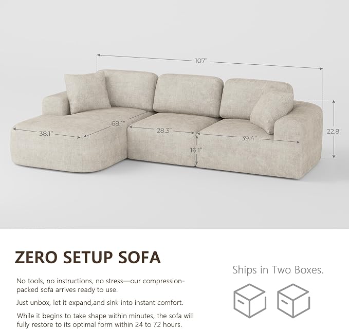 Dowinx 107" Boneless Cloud Couch, Modular Sectional Sofa with Deep Seat & Chaise, No Assembly Sofa-in-Box, Convertible L-Shape for Living Room Apartment, Bouclé, Oatmeal Beige