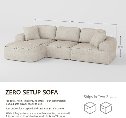 Dowinx 107" Boneless Cloud Couch, Modular Sectional Sofa with Deep Seat & Chaise, No Assembly Sofa-in-Box, Convertible L-Shape for Living Room Apartment, Bouclé, Oatmeal Beige