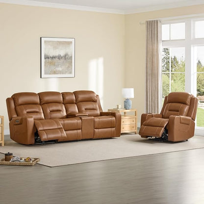 Watson & Whitely Oversized Genuine Leather Power Recliner Chairs for Big and Tall, Extra Wide Lay Flat Recliner with Power Headrest & Cup Holders, Electric Reclining Sofa for Living Room, Saddle