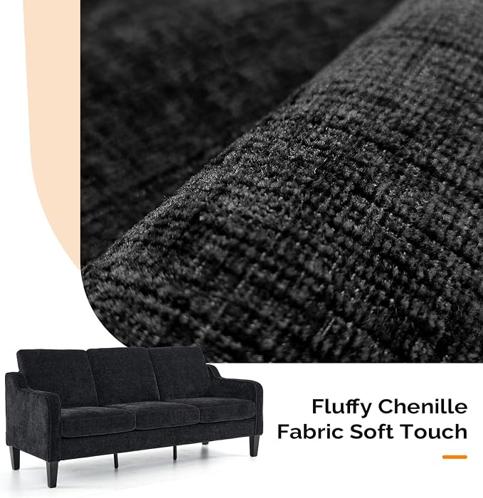 VINGLI Black Couches for Living Room, 71" Small Couch Comfy 3 Seater Upholstered Chenille Sofa Mid-Century Modern Floor Sofas for Small Spaces, Bedroom, Apartment, Lounge, Office