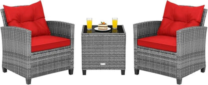 COSTWAY 3PCS Patio Furniture Set, PE Rattan Wicker Sofa w/Washable Cushion and Coffee Table, Tempered Glass Tabletop, Outdoor Conversation Set for Balcony, Porch, Yard, Backyard, Lawn, Red