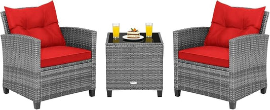 COSTWAY 3PCS Patio Furniture Set, PE Rattan Wicker Sofa w/Washable Cushion and Coffee Table, Tempered Glass Tabletop, Outdoor Conversation Set for Balcony, Porch, Yard, Backyard, Lawn, Red