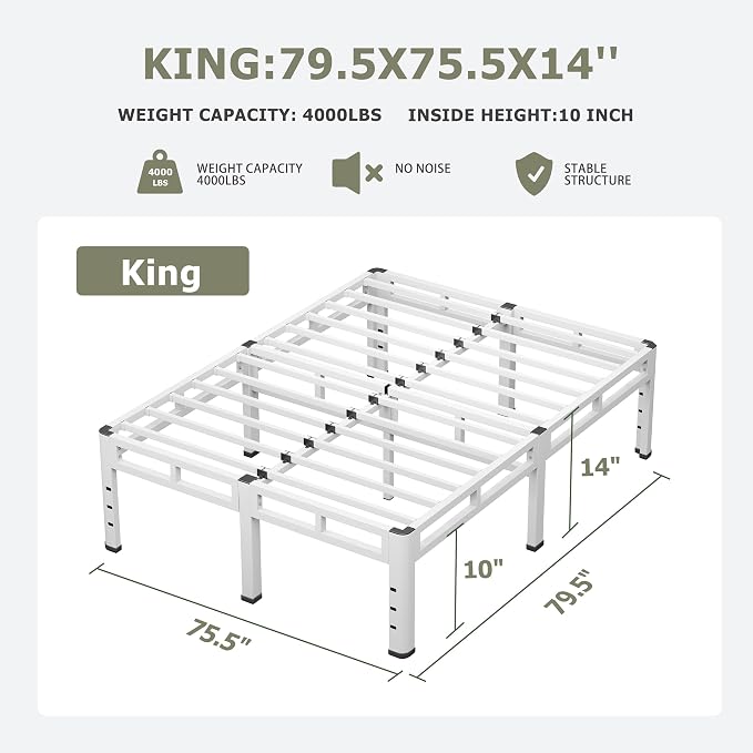 NKZ King Size Bed Frame 14 Inch, Metal Bed Frame & Box Spring 2 in 1 Platform with Round Corner Legs, 4000lbs Weight Capacity Reinforced Metal Frame, Headboard Hole, Noise-Free, Easy Assembly