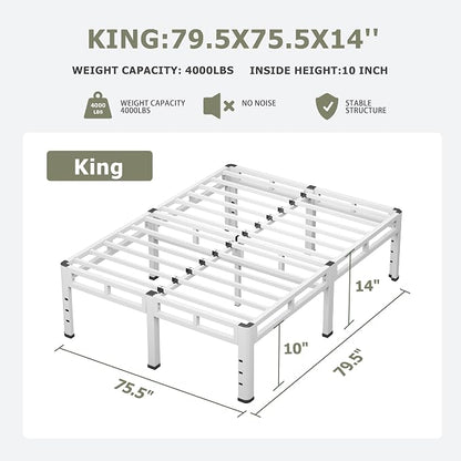 NKZ King Size Bed Frame 14 Inch, Metal Bed Frame & Box Spring 2 in 1 Platform with Round Corner Legs, 4000lbs Weight Capacity Reinforced Metal Frame, Headboard Hole, Noise-Free, Easy Assembly