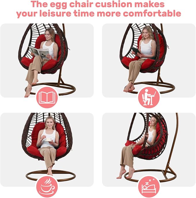 idee-home Egg Chair Cushion Replacement, Hanging Chair Cushion Outdoor | Cushions with Waterproof Cover for Wicker Patio Hammock Swing, Red (Swing Not Included)