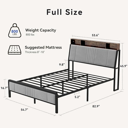 BedsPick Full Size Bed Frame with Ergonomic Headboard, Upholstered Metal Platform Bed Full with 2-Tier Storage, Charging Station, Smart LED Lights, Easy Assembly, No Box Spring Needed, Gray