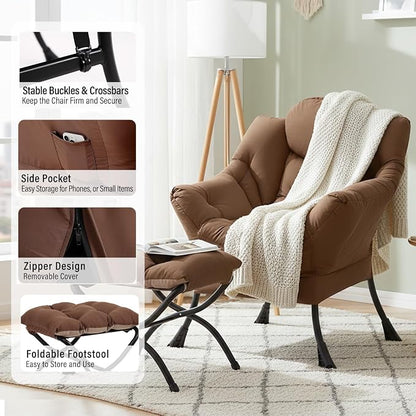 Furlide Lazy Chair with Ottoman, Modern Accent Chairs with Folding Footrest, Dark Brown Sofa Chair Set, Comfortable Reading Chairs, Oversized Armchairs for Bedroom, Study, Living Room, Courtyard