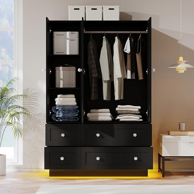 VOWNER Wardrobe Closet with 3 Doors Bedroom Armoire with Mirror & 4 Drawers | Large Capacity Storage Closet with LED Light and Hanging Rod for Bedroom, Black 47" L