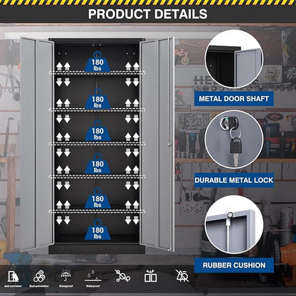 Fesbos Metal Storage Cabinet-72” Tall Steel File Cabinets with Lockable Doors and 5 Adjustable Shelves-Black&Gray Steel Storage Cabinet for Home, School, Office, Garage