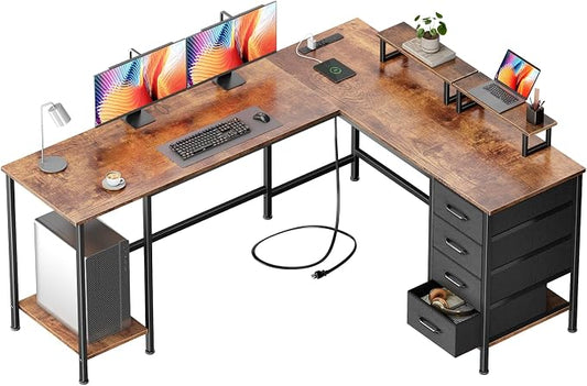 Korfile 66" L Shaped Computer Desk with Power Outlets, Home Office Desk with 4 Adjustable Storage Drawers & 2 Monitor Stands, Large Two Person Gaming Table for Writing Study, Rustic Brown