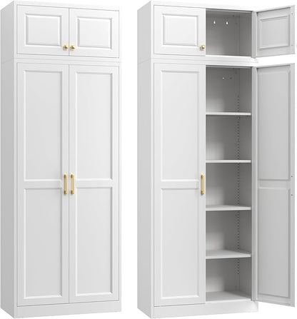 Steeloong86“ Kitchen Pantry Cabinet,Metal Storage Cabinets with Doors and 4 Adjustable Shelves,White Kitchen Cabinet with 4 Gold Handles,Tall Cabinet for Livingroom,Pantry, Bathroom