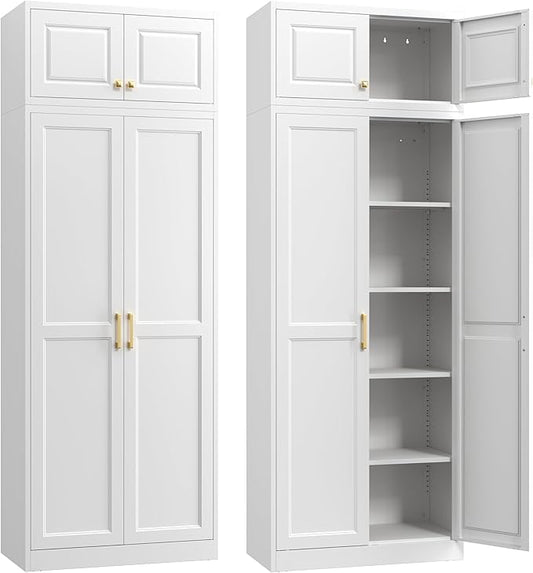 Steeloong86“ Kitchen Pantry Cabinet,Metal Storage Cabinets with Doors and 4 Adjustable Shelves,White Kitchen Cabinet with 4 Gold Handles,Tall Cabinet for Livingroom,Pantry, Bathroom