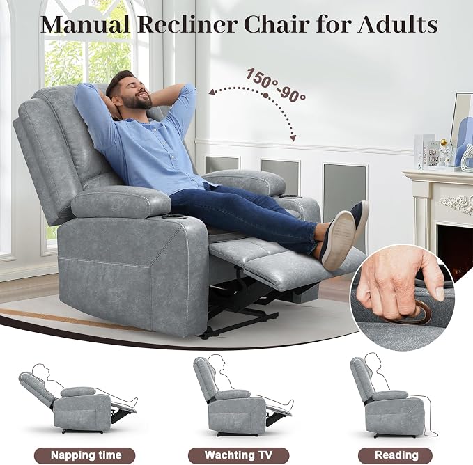Yolsali Loveseat Recliner Sofa Set with 2-Tier Cushion, 2+1 Pieces in Living Room, 2 Seater Reclining Loveseat Leather with Removable Console, 1 Oversize Recliner Chair Sofa Seat - Gray PU