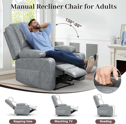 Yolsali Loveseat Recliner Sofa Set with 2-Tier Cushion, 2+1 Pieces in Living Room, 2 Seater Reclining Loveseat Leather with Removable Console, 1 Oversize Recliner Chair Sofa Seat - Gray PU
